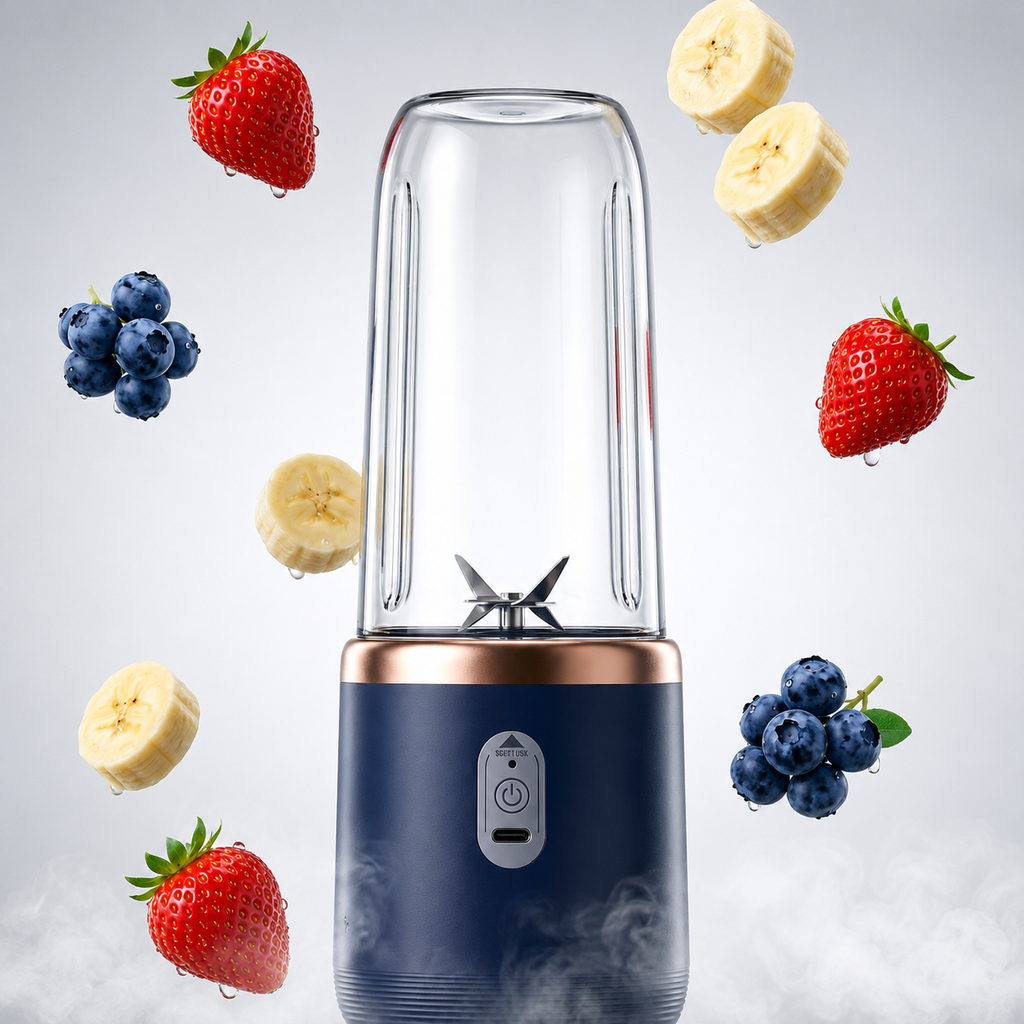 Licuadora Portátil Recargable USB de 6 Cuchillas + 2 Vasos — Prepara Jugos y Smoothies Frescos Donde Quieras