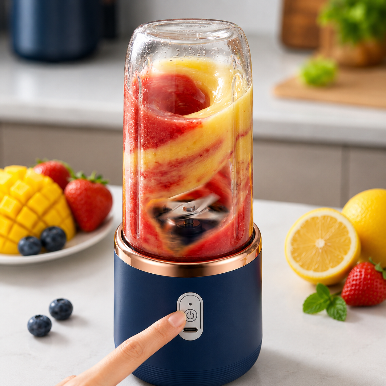Licuadora Portátil Recargable USB de 6 Cuchillas + 2 Vasos — Prepara Jugos y Smoothies Frescos Donde Quieras